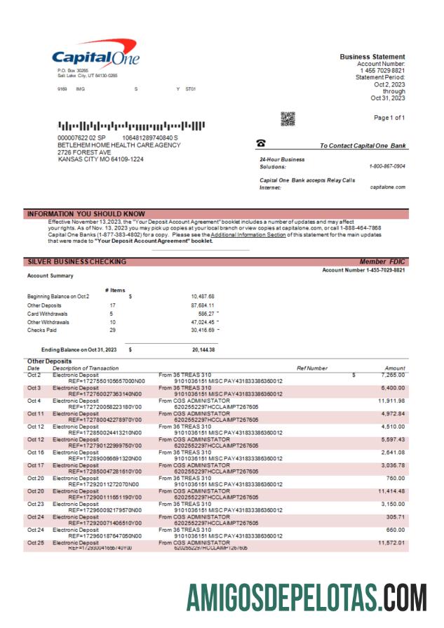 Extrato de conta corporativa do Capital One Bank modelo Word e PDF